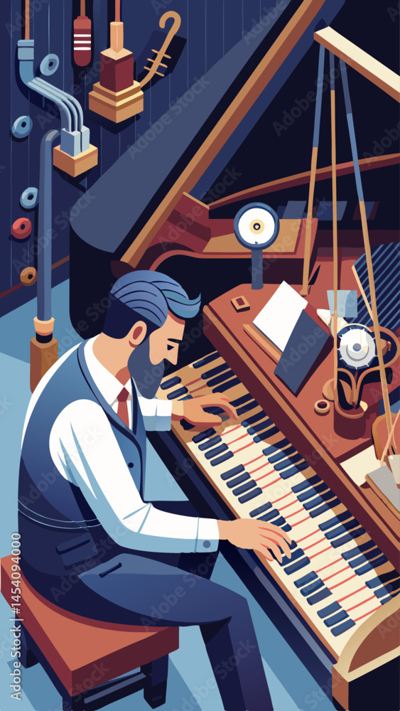 Poster a man is playing a piano with a variety of objects around him, including a pair of scissors, a pair 