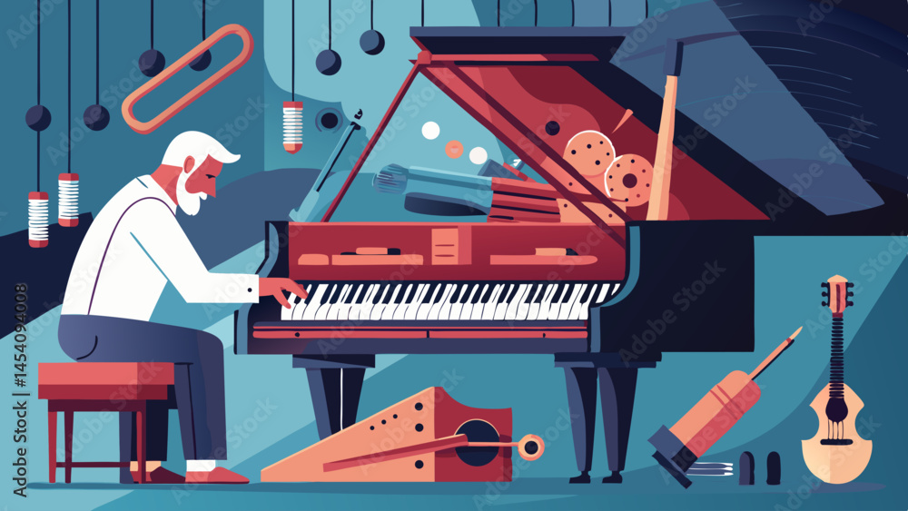 Poster a man is playing a piano with a variety of objects around him, including a pair of scissors, a pair 