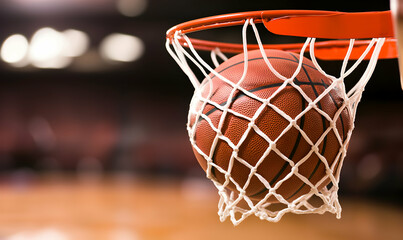 Fototapeta premium Basketball through the hoop, orange leather ball, net, and indoor arena with blurred background
