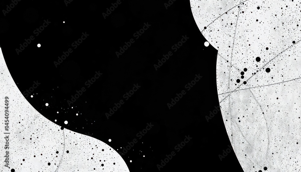 Poster monochrome minimalist design with textural splatters and dynamic curved shapes concept, high contras