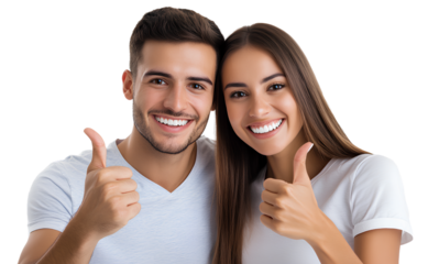  Photorealistic photograph of a smiling Hispanic couple pointing at their teeth with thumbs up, isolated on a transparent background