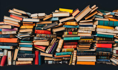 Books galore a vibrant, colorful collection stacked haphazardly against a dark backdrop. Rich hues and textures abound