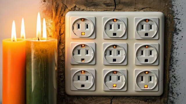 A wall-mounted power outlet panel with multiple sockets and lit candles beside it, creating a warm atmosphere against a textured background.