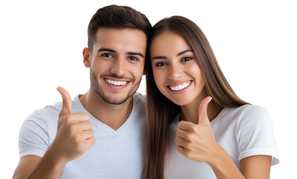  Photorealistic photograph of a smiling Hispanic couple pointing at their teeth with thumbs up, isolated on a transparent background