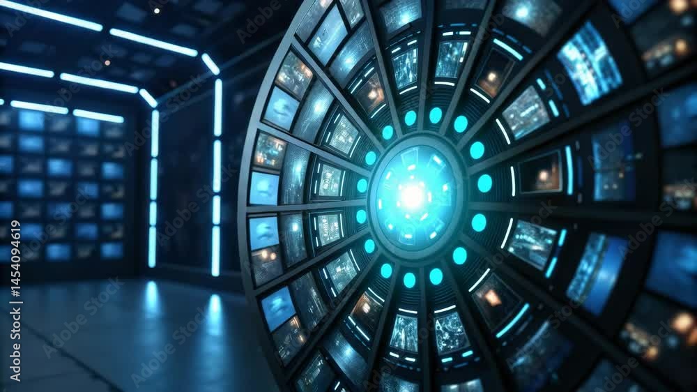 Poster a futuristic display of screens arranged in a circular design, illuminated by blue lights, showcasin