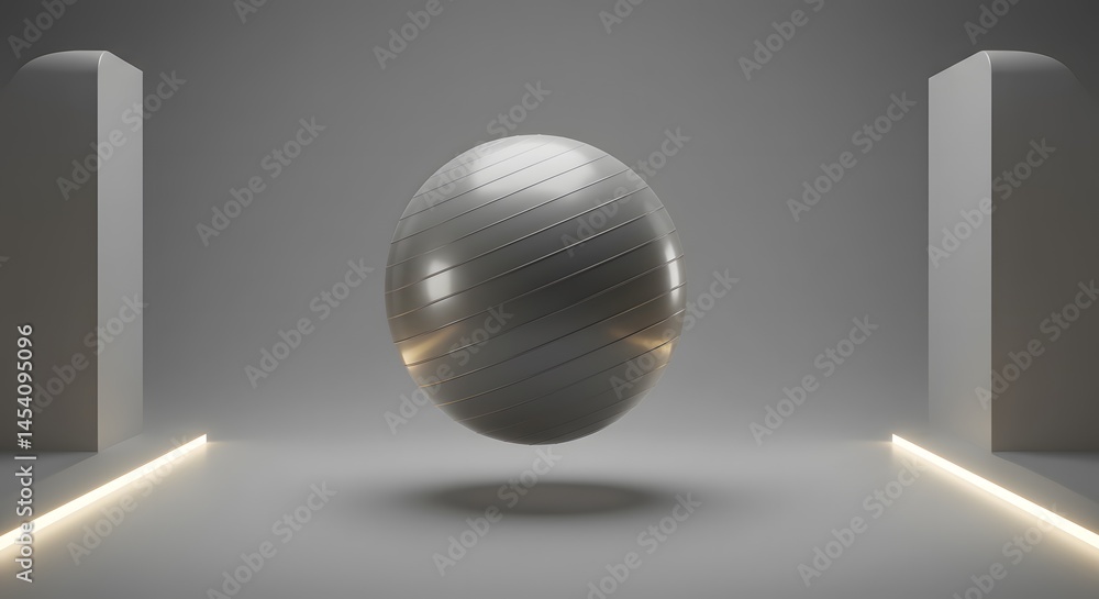 Poster abstract minimalist studio shot: grey exercise ball on platform with subtle lighting