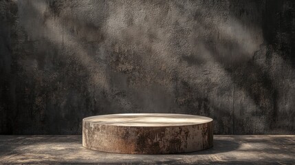 Circular Wooden Pedestal on Dark Textured Background for Display Use