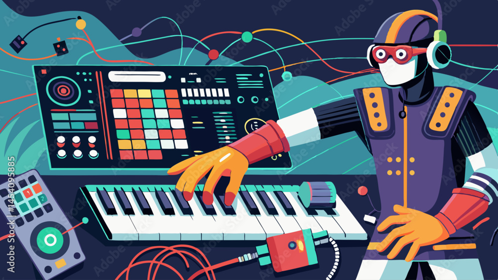 Poster a man is playing a keyboard with a watch on his wrist. the image is a colorful and artistic represen