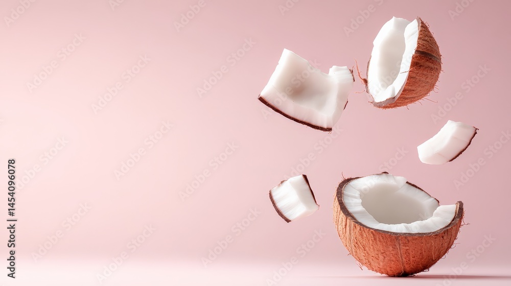 Poster coconut pieces floating on a pastel pink background creating a tropical and refreshing summer vibe, 