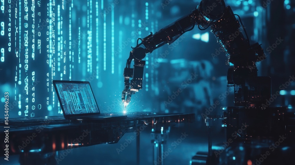 Poster robotic arm interacting with a laptop in a futuristic factory setting