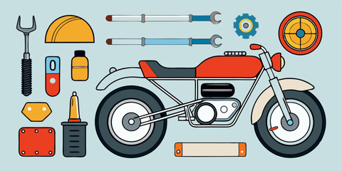 Retro motorcycle, vintage illustration, sunset landscape, mountains, geometric shapes, vibrant colors, stylized design, mid-century modern, flat art style, pine trees, cabin, warm color palette