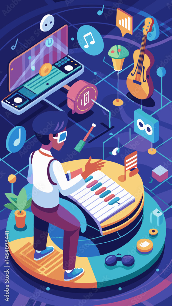 Poster a man is playing a guitar in front of a computer monitor. the monitor shows a variety of icons and b