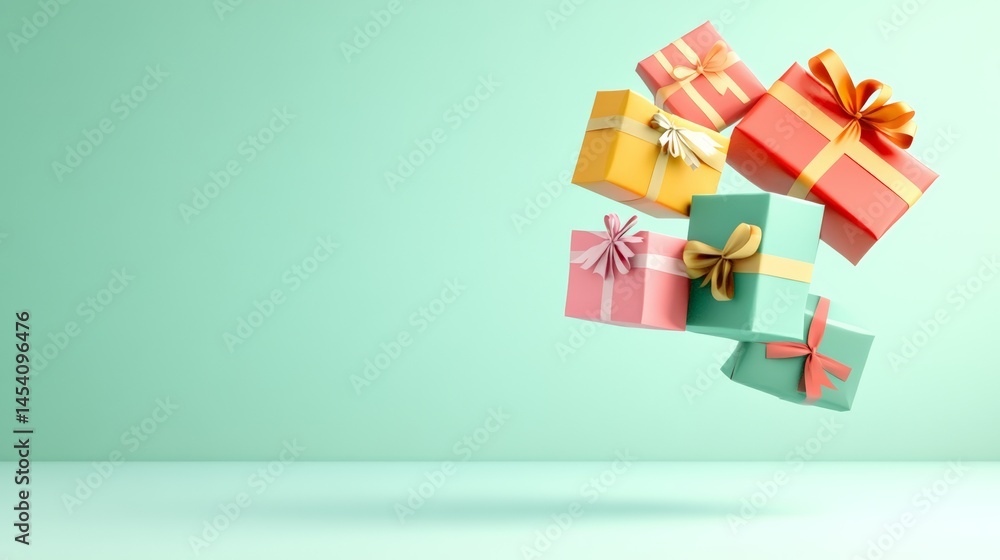 Aufkleber multiple colorful gift boxes with ribbons are levitating on a turquoise background, creating a festi