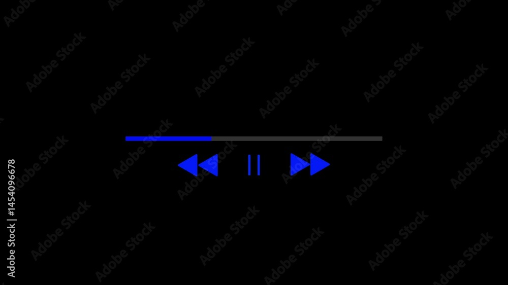 Poster blue media player interface animation on black background. player or pause button.