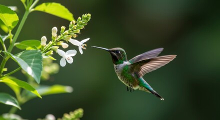 Fototapeta premium Hummingbird in flight, feeding on flowers