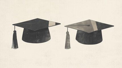 Minimalist monochrome illustration of two graduation caps with tassels on textured background