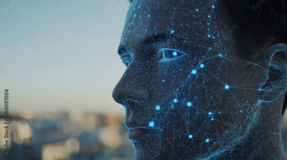 Poster digital face overlay, network of glowing points and lines