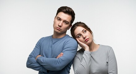 A young couple look bored and disinterested in the activity around them, with no energy, both leaning against each other.