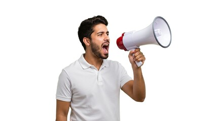 A man makes an announcement holding a megaphone against a white background. He has dark hair and a beard, wearing a white short sleeved shirt.