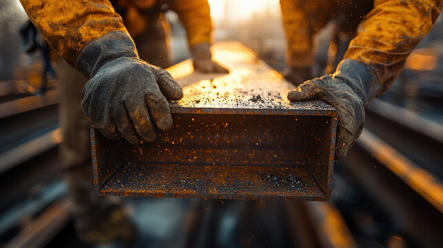Workers in gloves carefully handle a rusty, rectangular metal beam outdoors at sunset