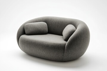 A modern, comfortable, two-seater sofa with a soft, organic shape. The upholstery is a neutral gray, and the cushions are sculpted to fit the form