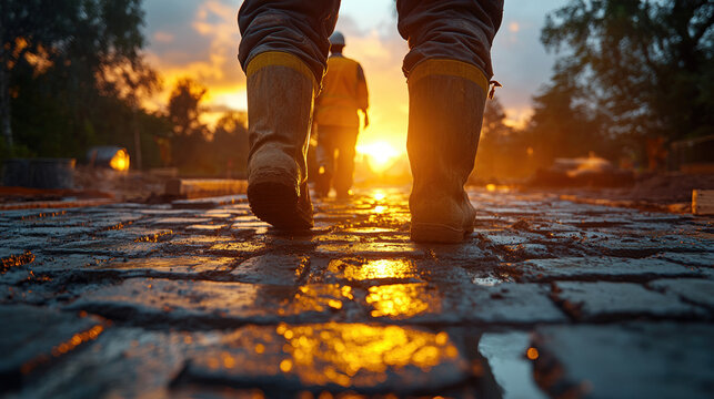 Workers in rubber boots walk away from sunset on cobblestone road under construction