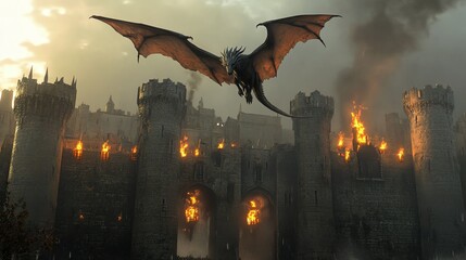 Digital illustration depicts a dragon soaring above a castle engulfed in flames.