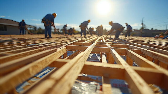 Workers installing wooden framing on a sunny construction site