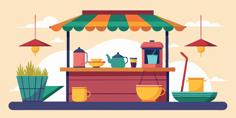 Obraz premium Cartoon Tea stall, vibrant colors, street market, awning, snacks and drinks, hanging lamps, potted plants, flat design, vector illustration, cheerful atmosphere, outdoor eatery, compact kiosk, street