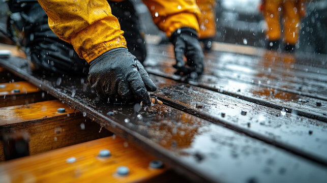 Workers in yellow rain gear install dark-colored planks outdoors in the rain
