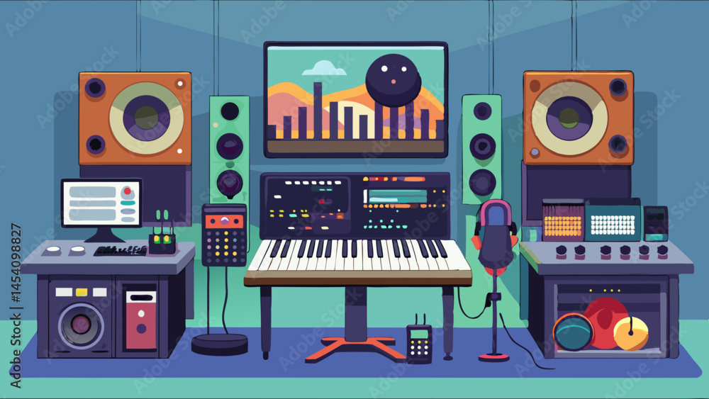 Poster a studio with a keyboard, a computer, and a microphone. the keyboard is on a stand and the computer 