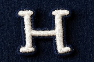 Embroidered letter H on a dark blue textile background, close up. Stitched lettering