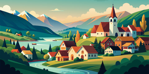 Naklejka premium Colorful cartoon village, whimsical houses, curvy roads, vibrant landscape, playful architecture, rounded shapes, cheerful colors, cloud-dotted sky, toy-like buildings, miniature town
