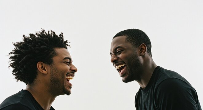 Two friends share a hearty laugh, their faces lit with joy. The camaraderie is palpable in this image of genuine connection.