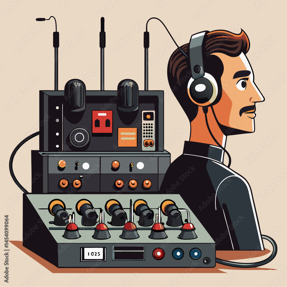 Poster a man wearing headphones is standing in front of a machine with a red button. the machine is labeled