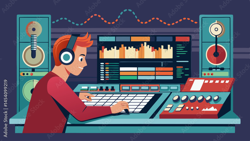 Poster a man is sitting at a desk with a keyboard and a computer monitor. he is wearing headphones and he i