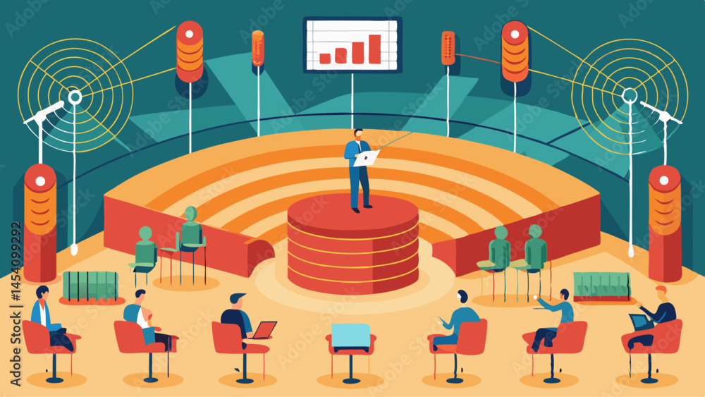 Poster a man is standing on a stage in front of a large audience. the audience is seated in rows of chairs,