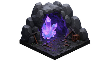 Glowing Crystal Cave Isometric Mining Scene