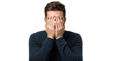 An image featuring a man covering his face with his hands, showcasing an expression of distress or privacy against a white background.