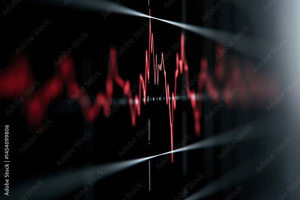 Poster red pulsating line across black screen with radiating light. abstract wave illustration