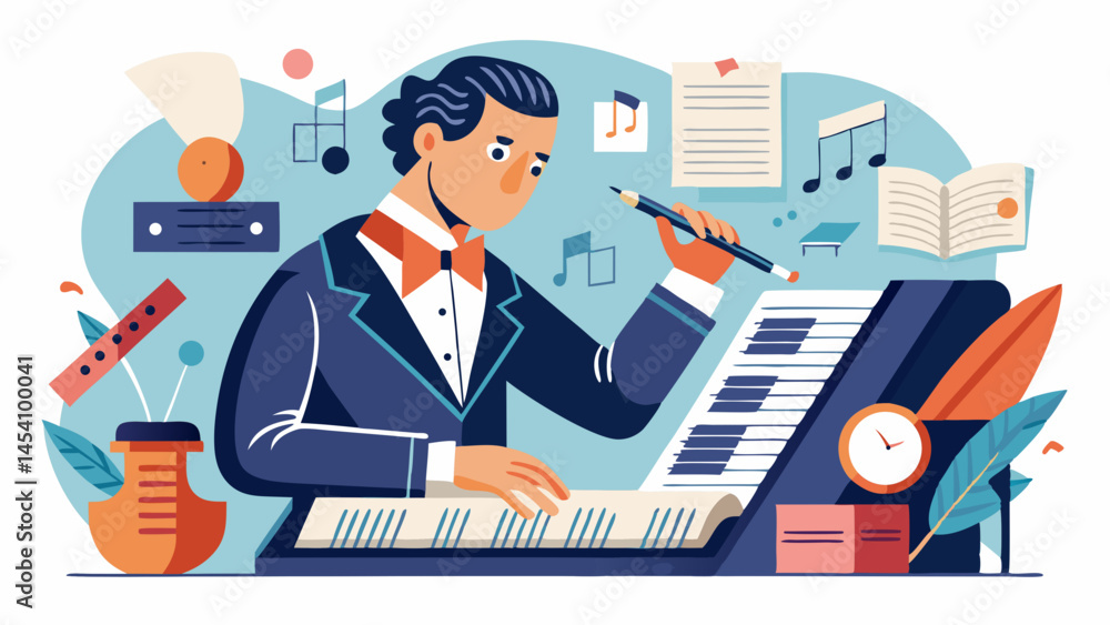 Poster a man is writing on a sheet of music. he is wearing a suit and tie. there are several books and a cl
