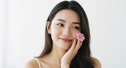 Young woman with healthy skin holding a pink flower against her cheek, symbolizing natural beauty and skincare.