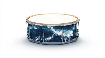 Bass drum with a dark blue ocean wave design