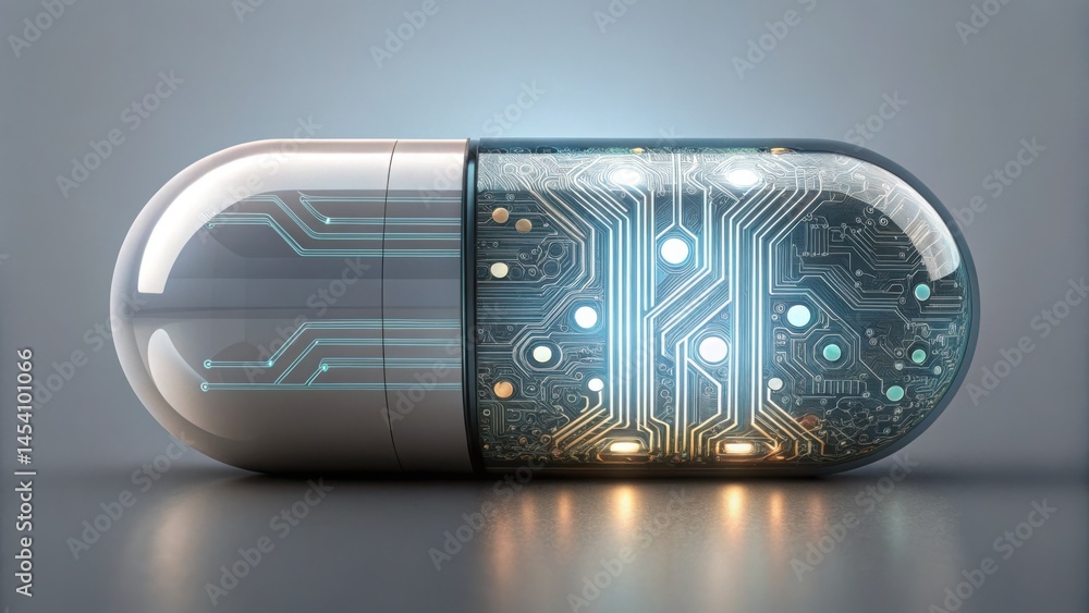 Poster Futuristic Layered Pill Capsule with AI Circuit Design in Gigapixel