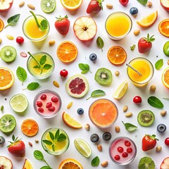 Colorful array of fresh fruit juices and assorted fruits, arranged on a white surface.  Various fruits