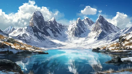 Printed kitchen splashbacks Digital illustration of majestic snow-capped mountains reflected in a tranquil blue lake.