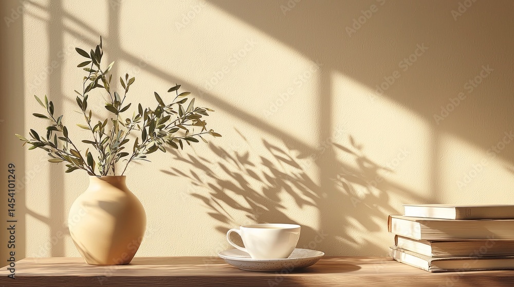 Poster a tranquil setting showcases a vase with olive branches alongside a cup on a saucer, with neatly sta