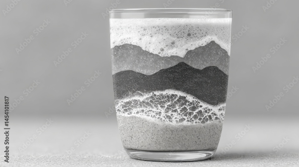 Poster artistic layered drink in a glass with a landscape visual effect in grayscale