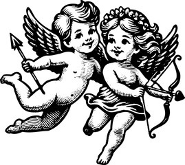 cupid with bow. Classic Archer Silhouette in Action Pose. A bold black silhouette of a male archer drawing a bow