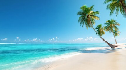 Photograph of a serene tropical beach with turquoise water, white sand, and two palm trees under a clear blue sky.